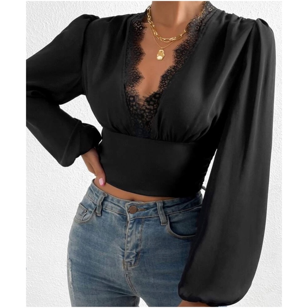 Plunging Neck Lace Bishop Long Sleeve Lace Cropped top - Picture 5 of 10